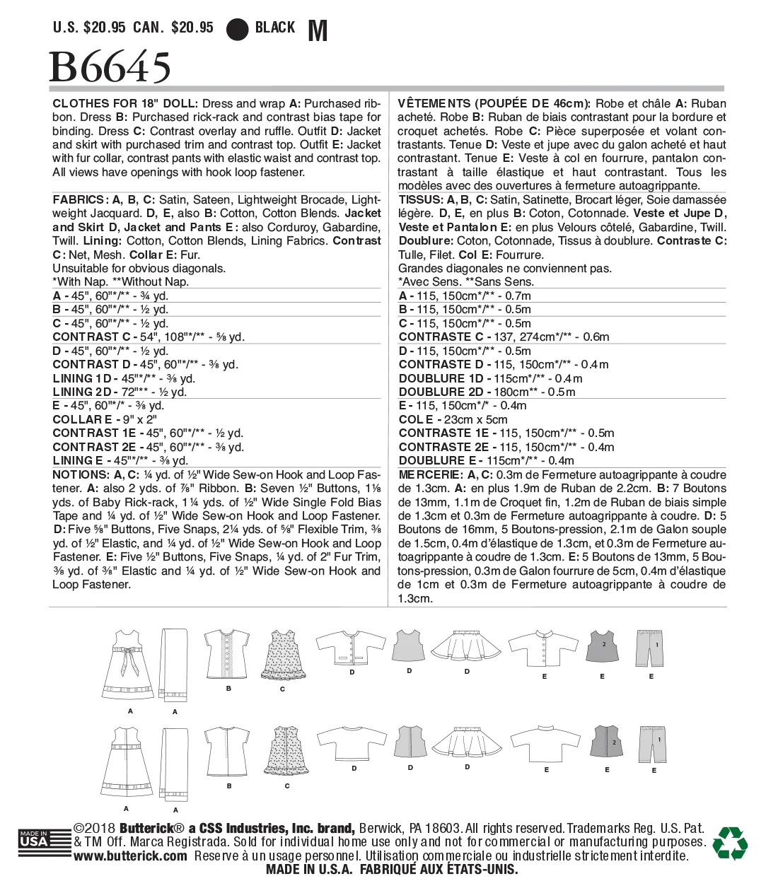 Butterick Pattern B6645 Doll Clothes