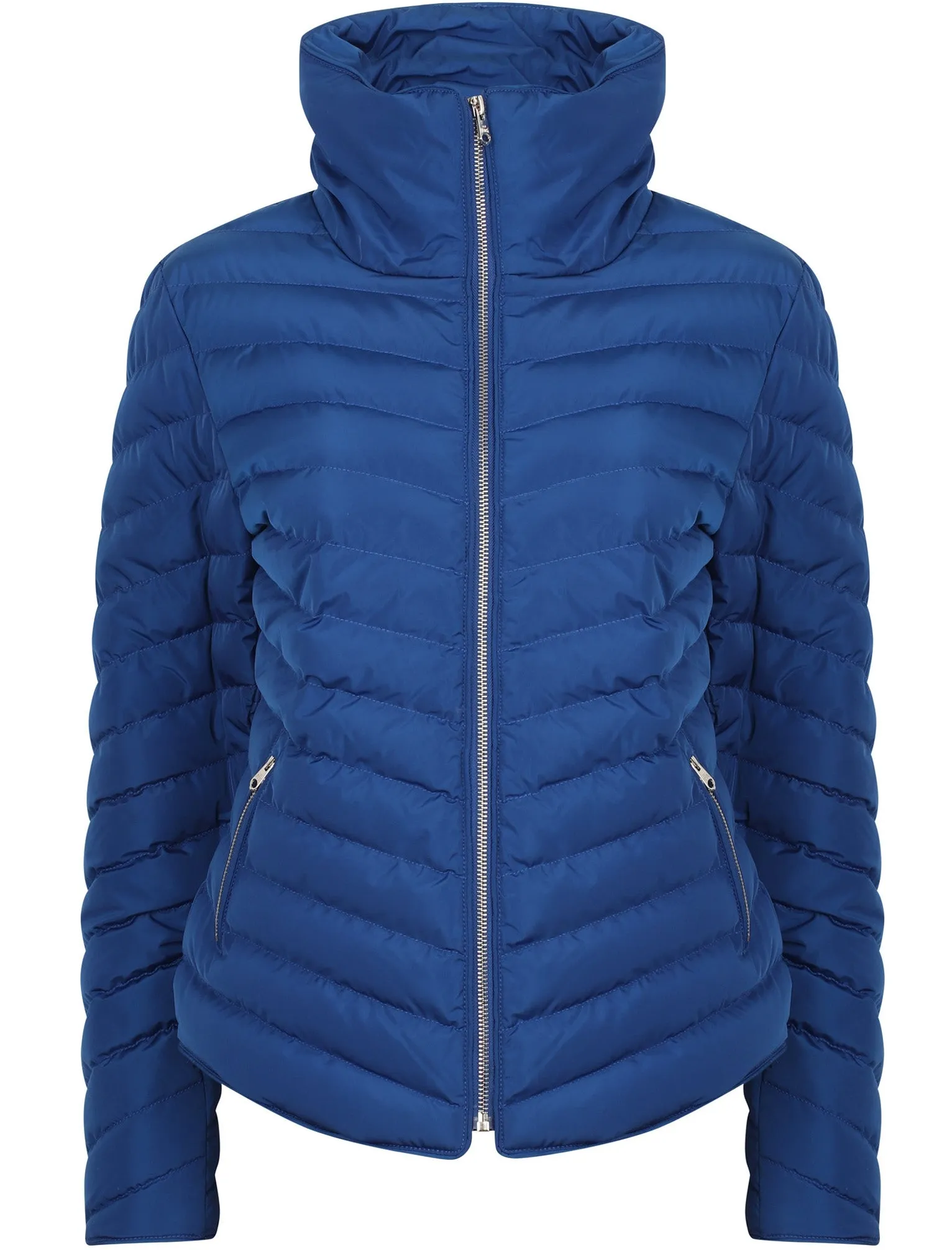 Cardamon Funnel Neck Chevron Quilted Jacket in Mazarine Blue - Tokyo Laundry