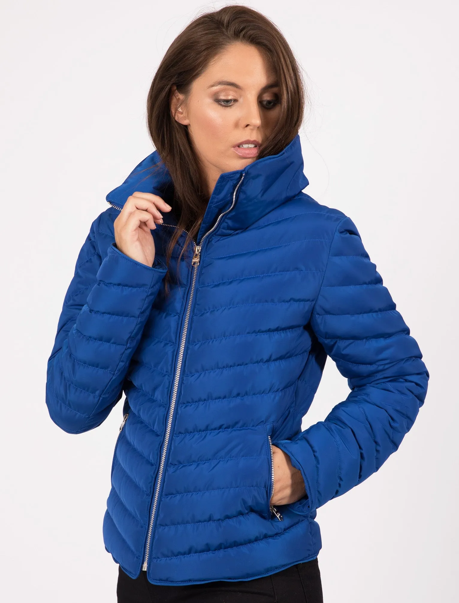 Cardamon Funnel Neck Chevron Quilted Jacket in Mazarine Blue - Tokyo Laundry