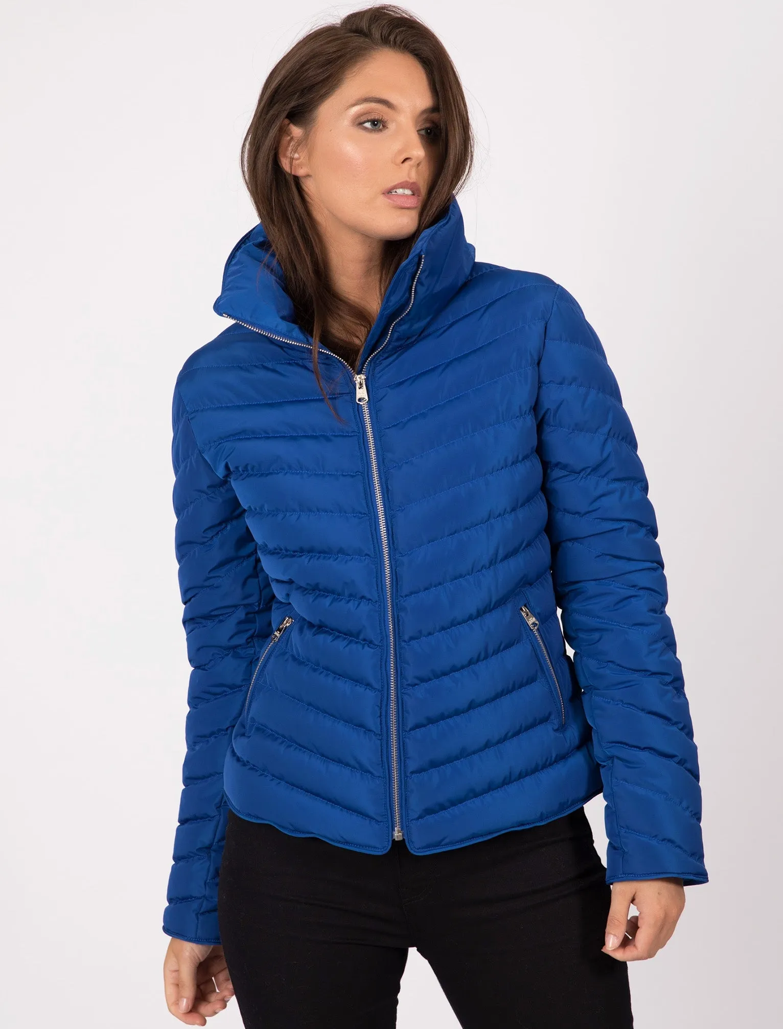 Cardamon Funnel Neck Chevron Quilted Jacket in Mazarine Blue - Tokyo Laundry