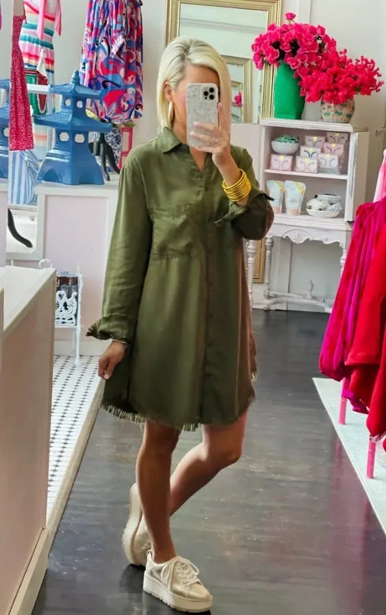 Casual Long Sleeve Shirt Dress - Olive - Last One - Size Large