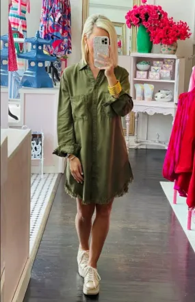 Casual Long Sleeve Shirt Dress - Olive - Last One - Size Large