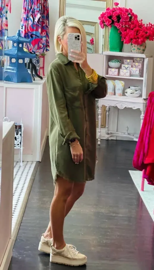 Casual Long Sleeve Shirt Dress - Olive - Last One - Size Large