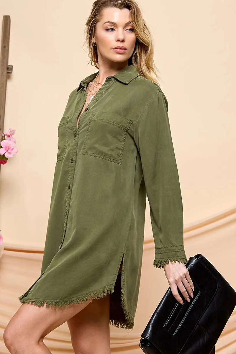 Casual Long Sleeve Shirt Dress - Olive - Last One - Size Large