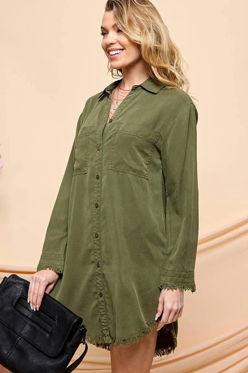 Casual Long Sleeve Shirt Dress - Olive - Last One - Size Large