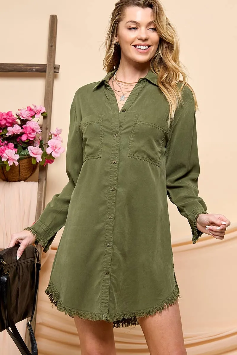 Casual Long Sleeve Shirt Dress - Olive - Last One - Size Large