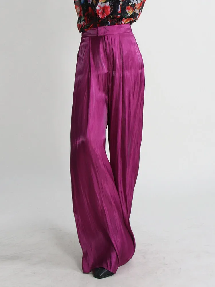 Casual Minimalist Wide Leg Pants For Women High Waist Loose Solid Ruched Trousers