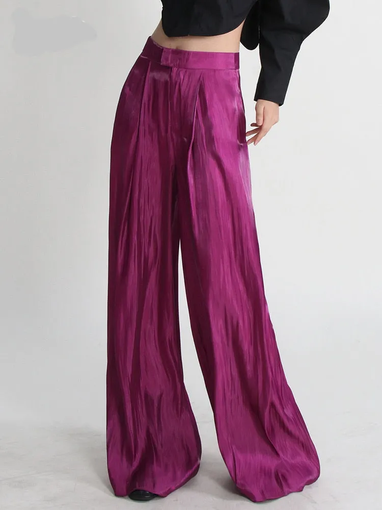 Casual Minimalist Wide Leg Pants For Women High Waist Loose Solid Ruched Trousers