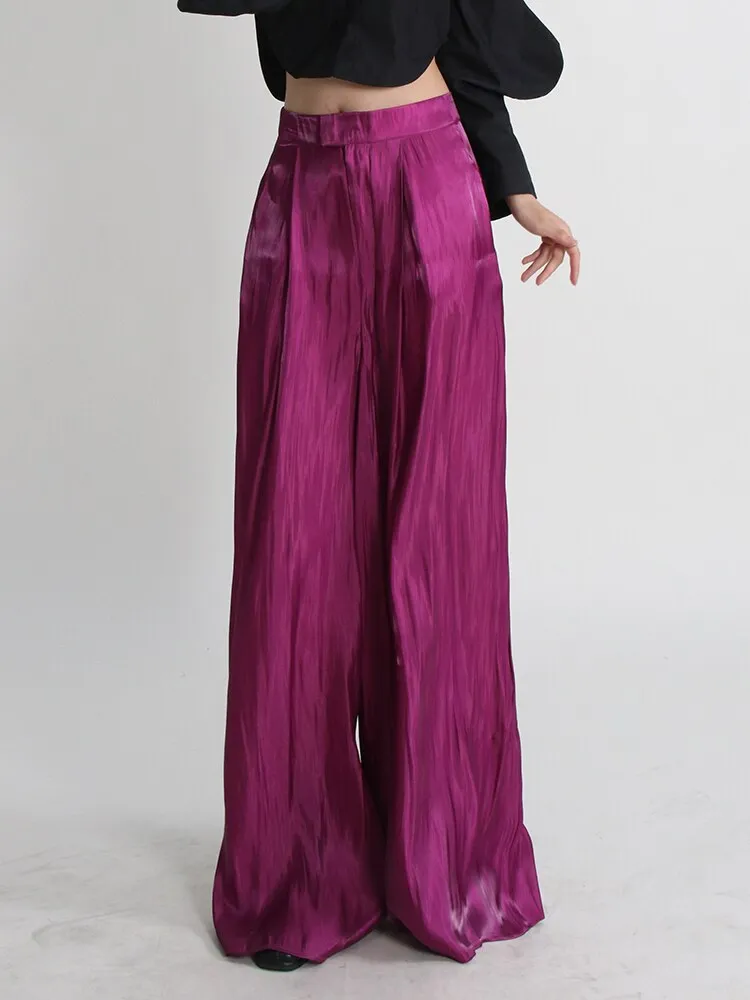 Casual Minimalist Wide Leg Pants For Women High Waist Loose Solid Ruched Trousers