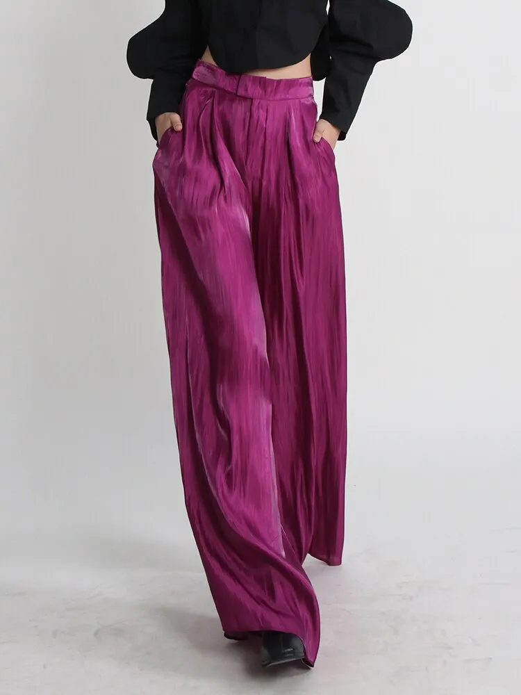 Casual Minimalist Wide Leg Pants For Women High Waist Loose Solid Ruched Trousers