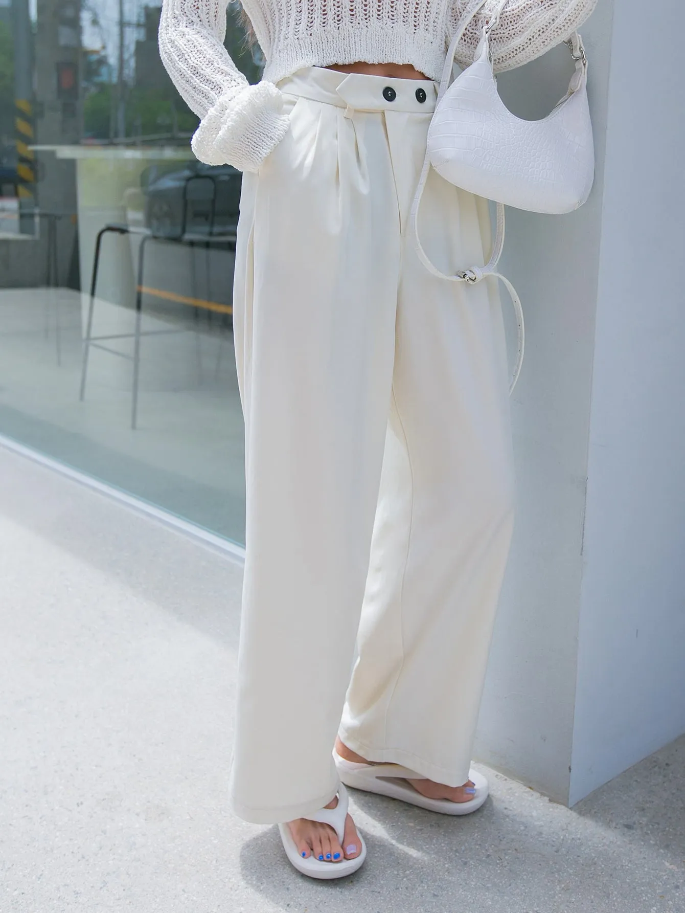 Casual Plain Double Button High Waist Long Women Pants