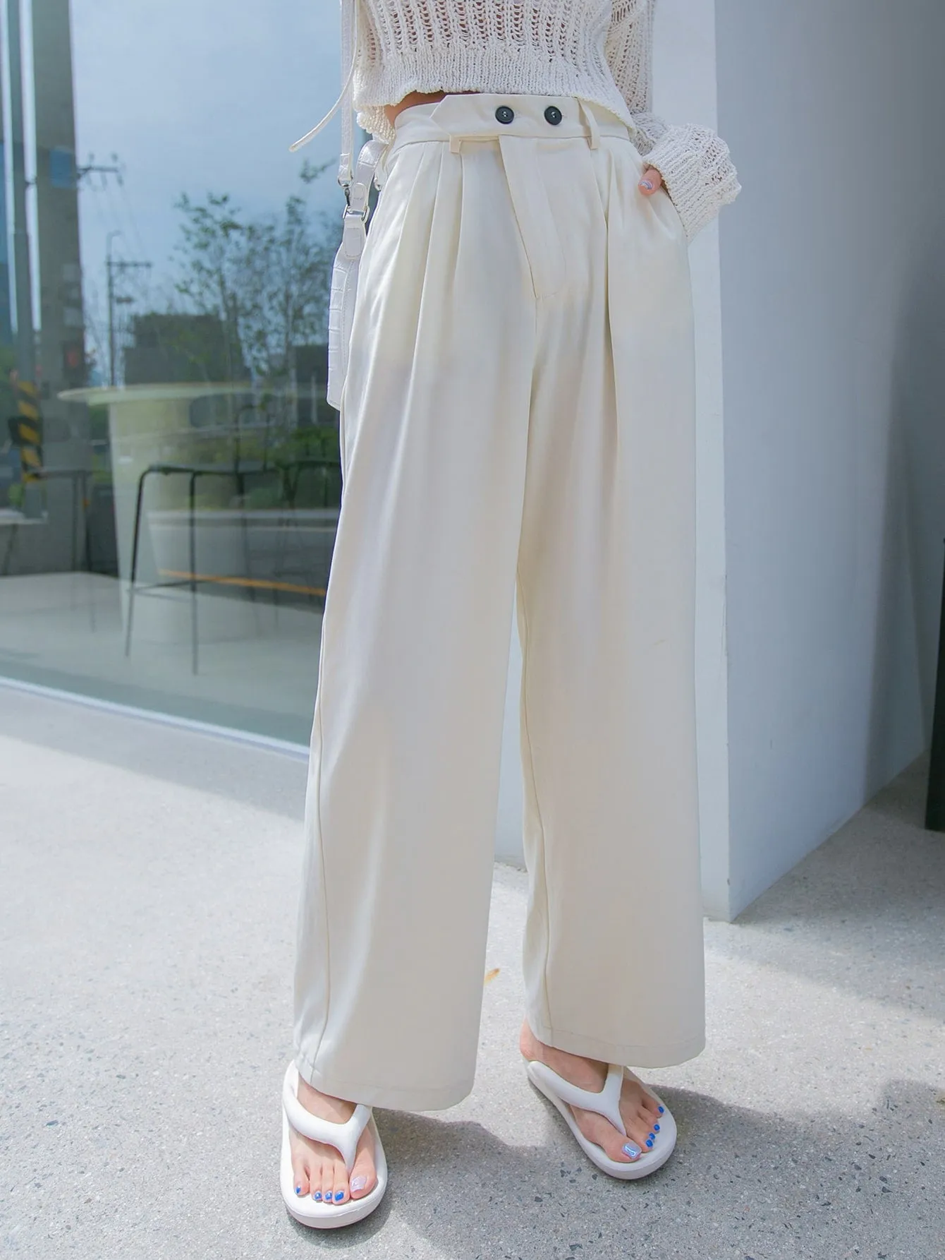 Casual Plain Double Button High Waist Long Women Pants