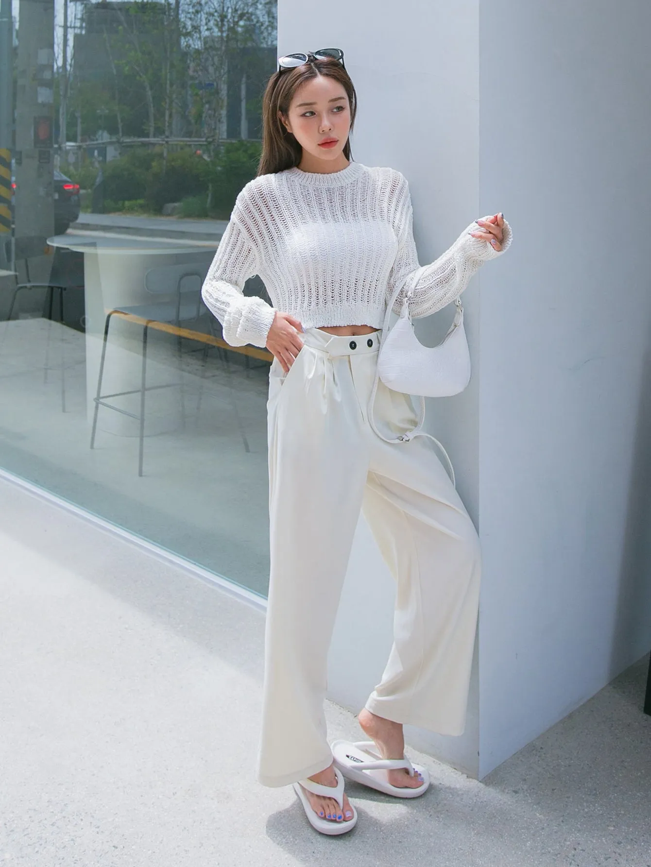 Casual Plain Double Button High Waist Long Women Pants