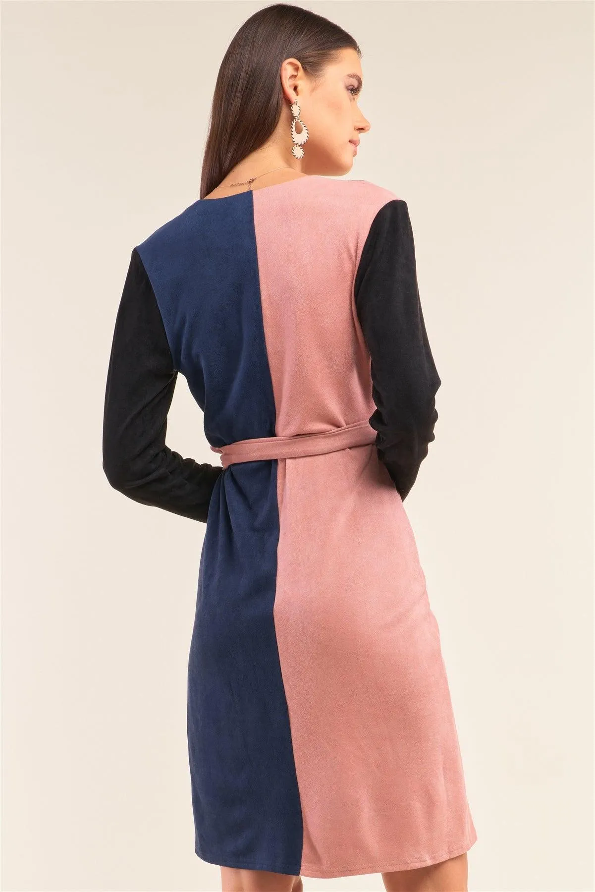 Color Block Suede Long Sleeve V-Neck Wrap Self-Tie Waist Tight Fit Statement Dress /2-1-3