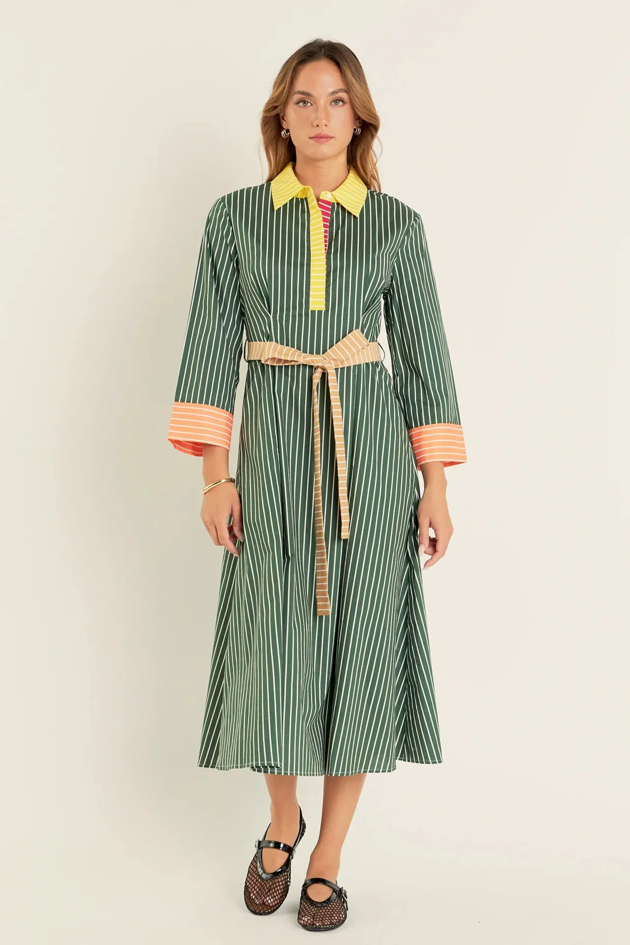 Colorblock Detail Shirt Dress (Green Multi)