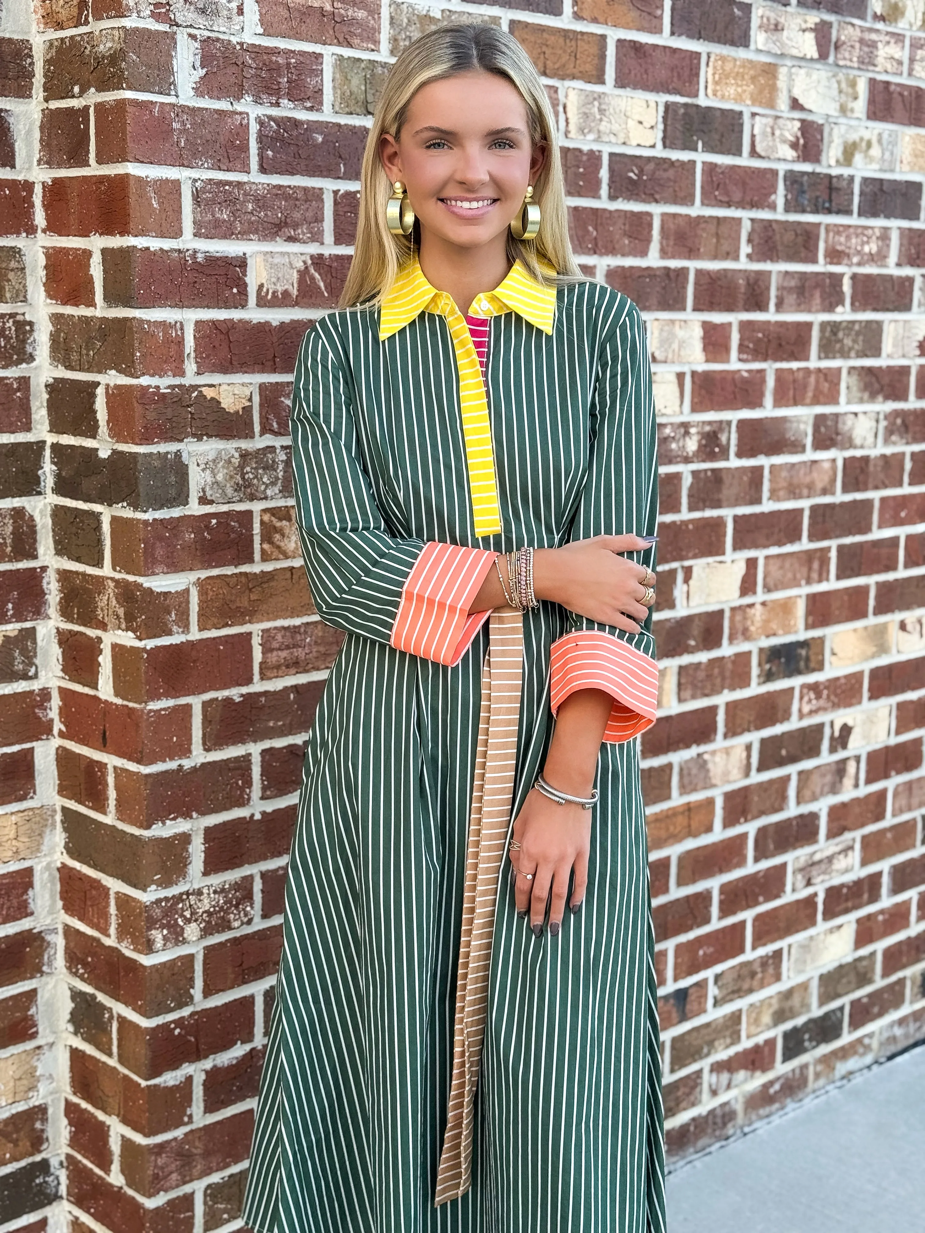 Colorblock Detail Shirt Dress (Green Multi)