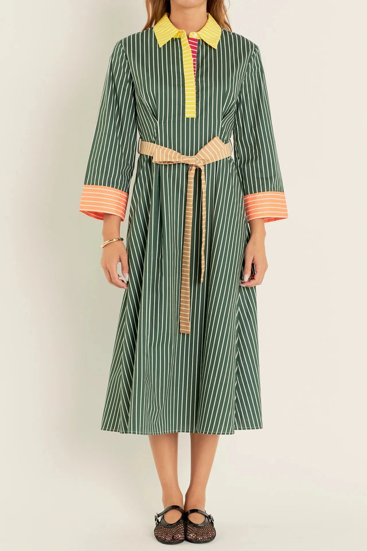 Colorblock Detail Shirt Dress (Green Multi)