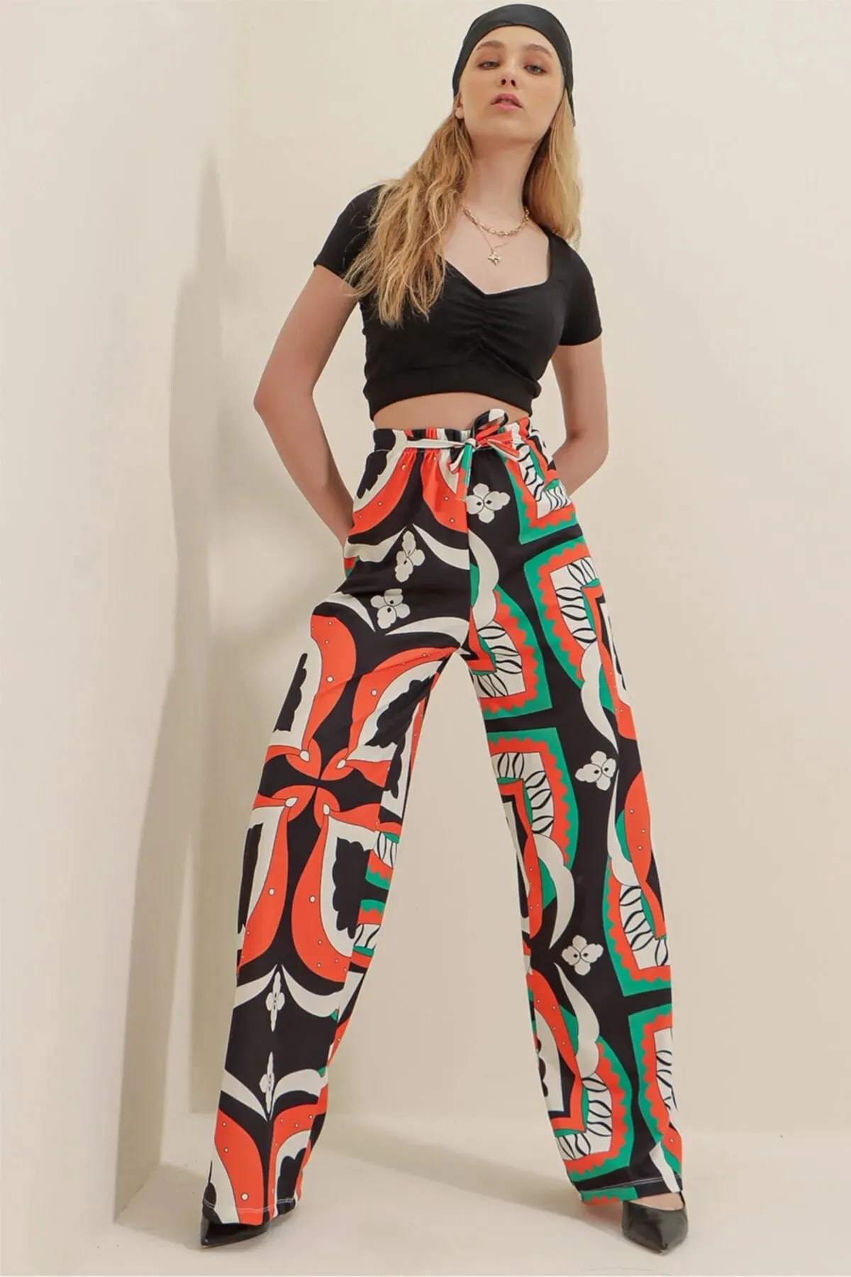 Colorful Boho Casual Fit Women's Trousers,Floral and Traditional Patterned,Elastic Waist,High Waist,Lace Detail,Loose Wide Leg Pant