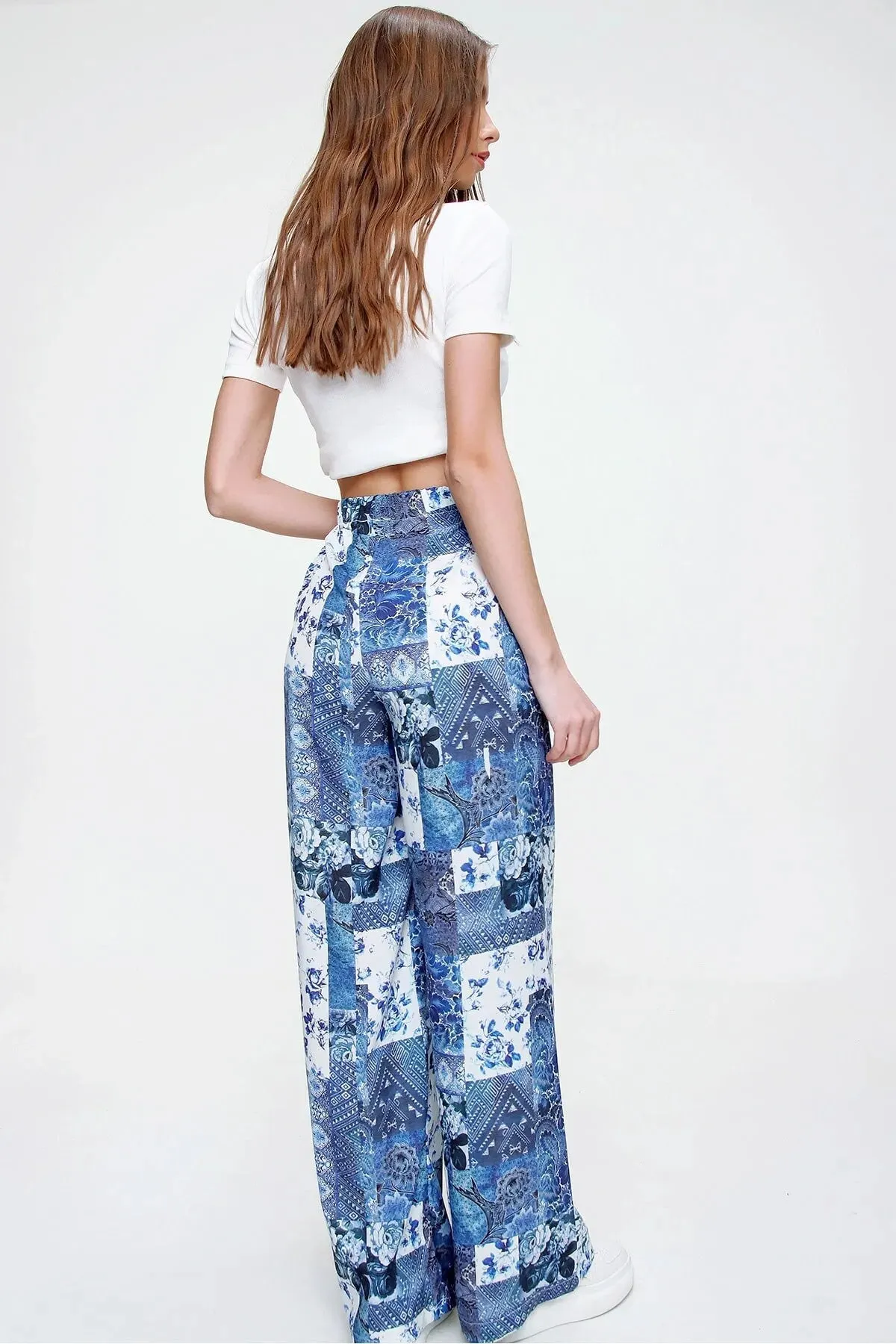 Colorful Boho Casual Fit Women's Trousers,Floral and Traditional Patterned,Elastic Waist,High Waist,Lace Detail,Loose Wide Leg Pant