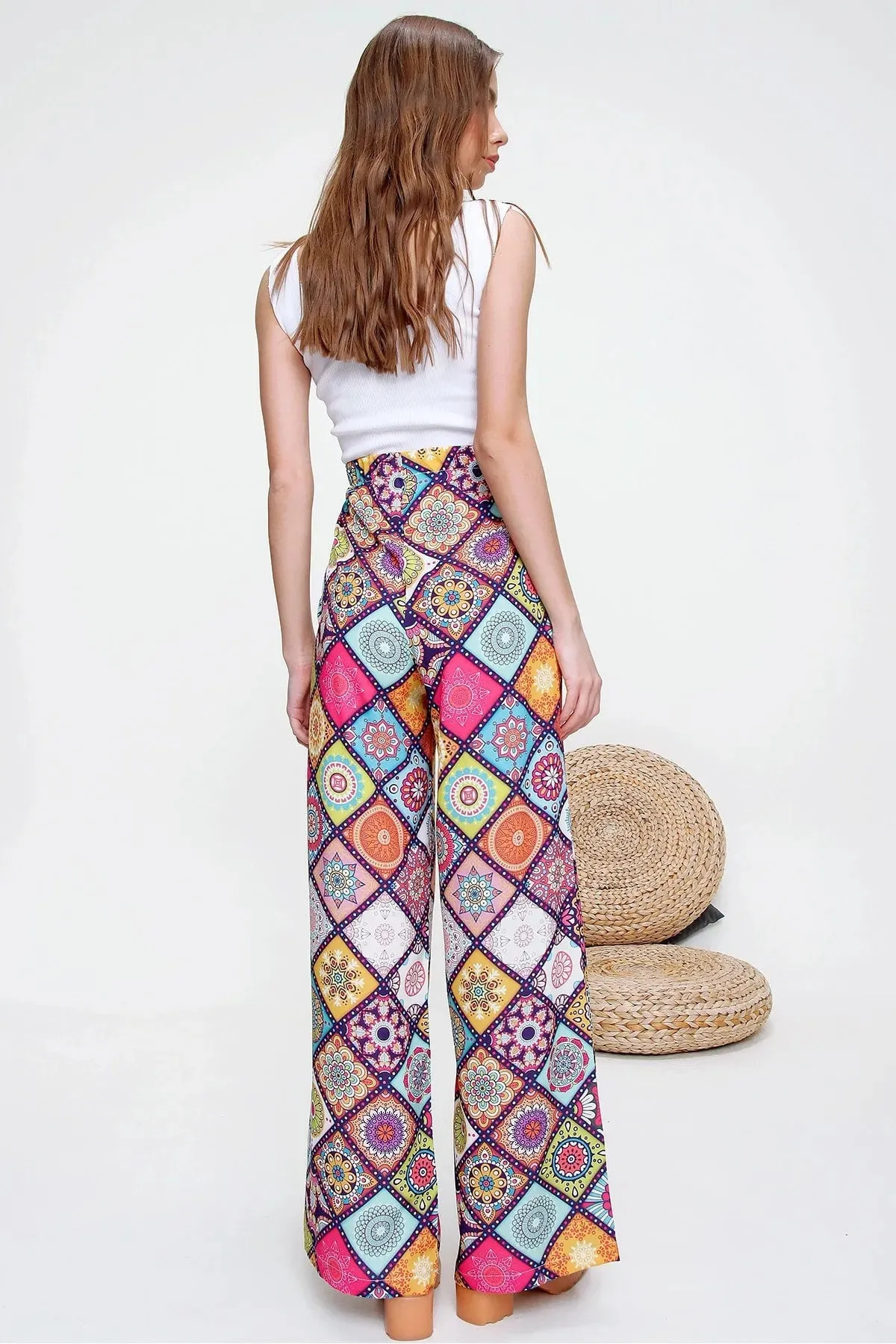 Colorful Boho Casual Fit Women's Trousers,Floral and Traditional Patterned,Elastic Waist,High Waist,Lace Detail,Loose Wide Leg Pant