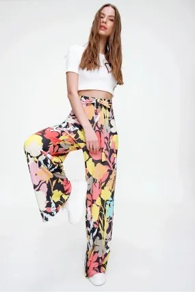 Colorful Boho Casual Fit Women's Trousers,Floral and Traditional Patterned,Elastic Waist,High Waist,Lace Detail,Loose Wide Leg Pant