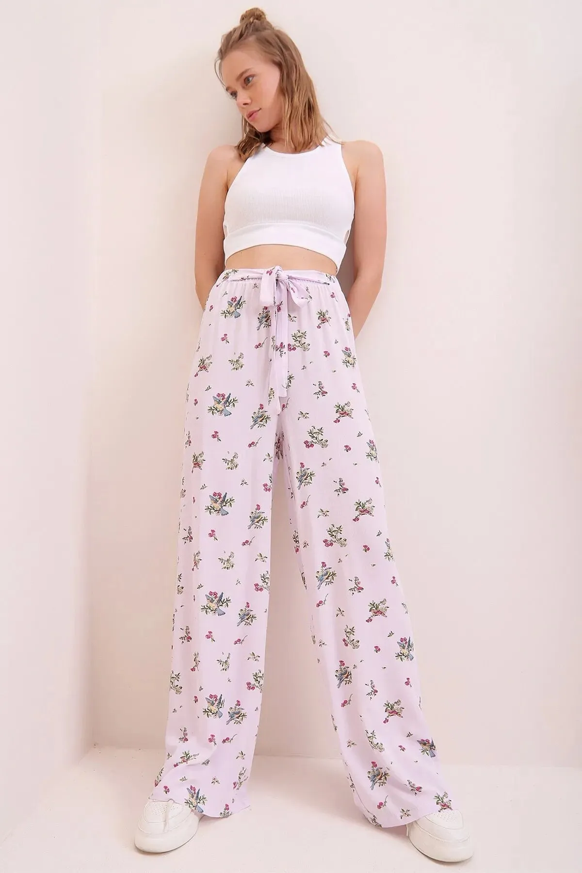 Colorful Boho Casual Fit Women's Trousers,Floral and Traditional Patterned,Elastic Waist,High Waist,Lace Detail,Loose Wide Leg Pant