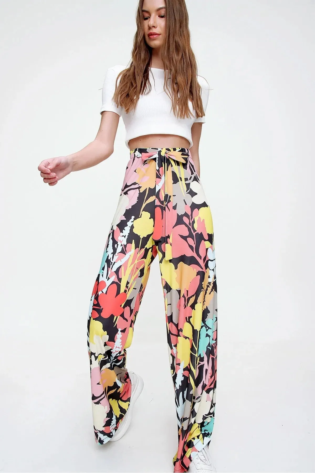 Colorful Boho Casual Fit Women's Trousers,Floral and Traditional Patterned,Elastic Waist,High Waist,Lace Detail,Loose Wide Leg Pant