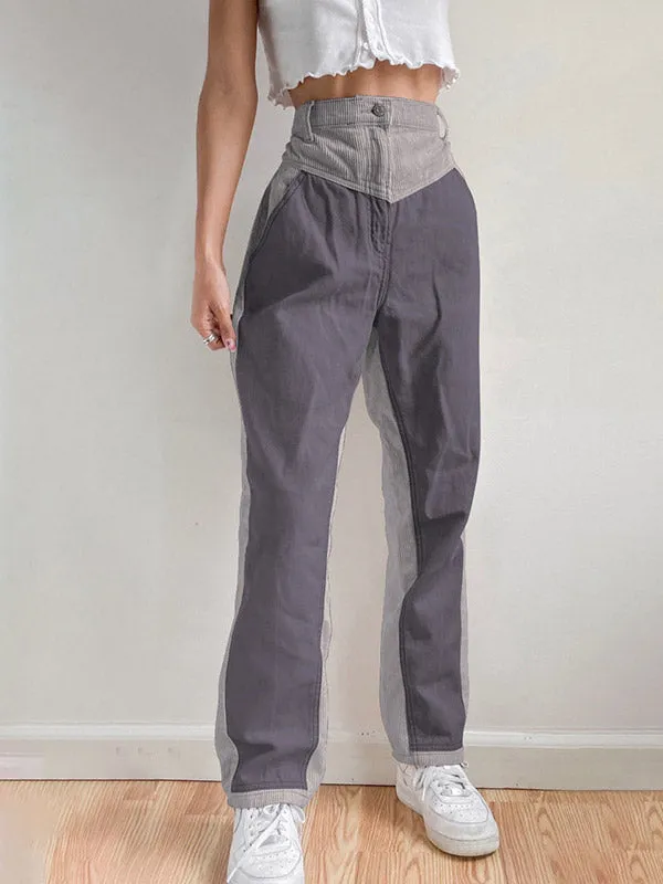 Corduroy Patchwork High Waist Straight Pants