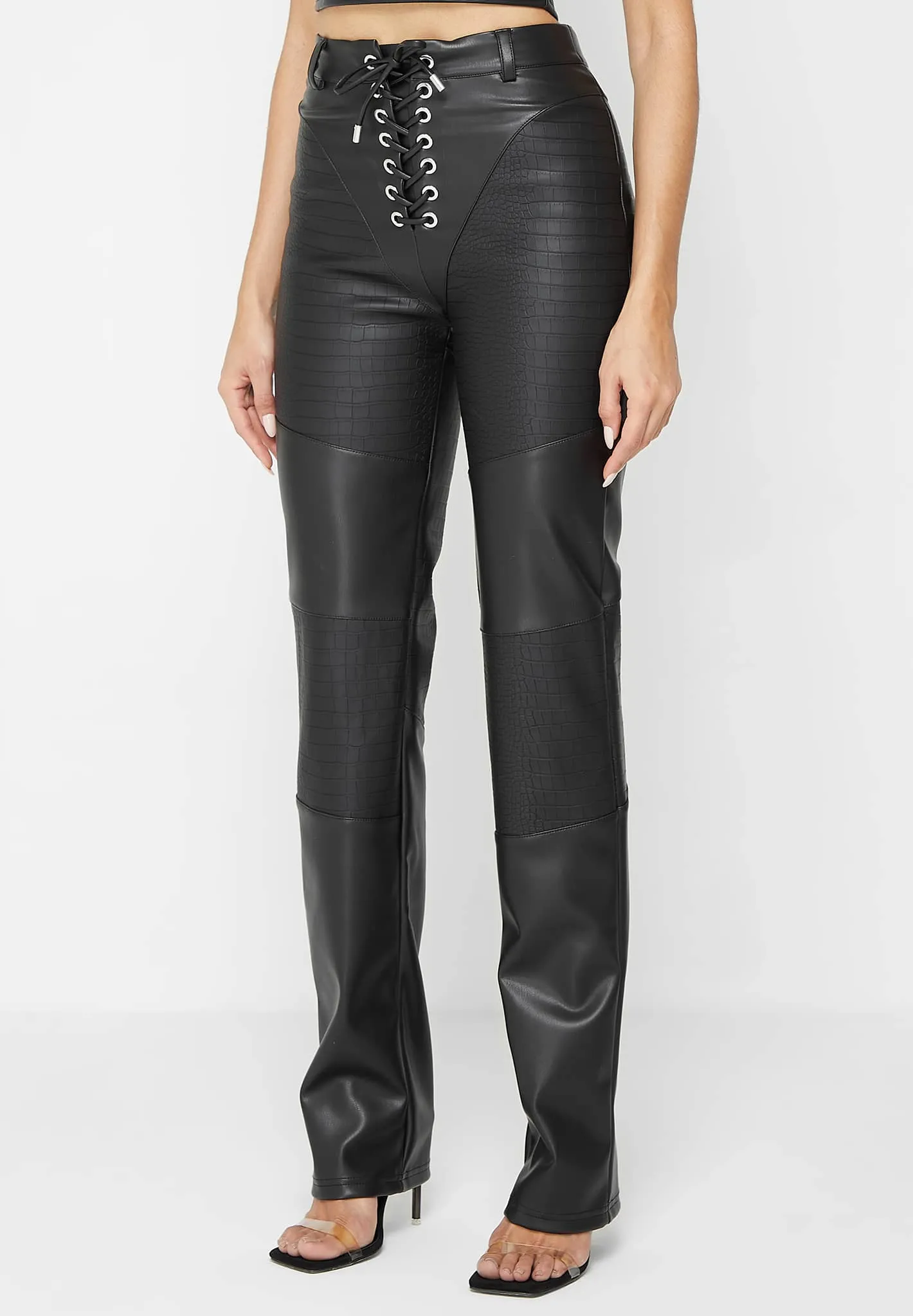 Croc Embossed Lace Up Trousers - Black