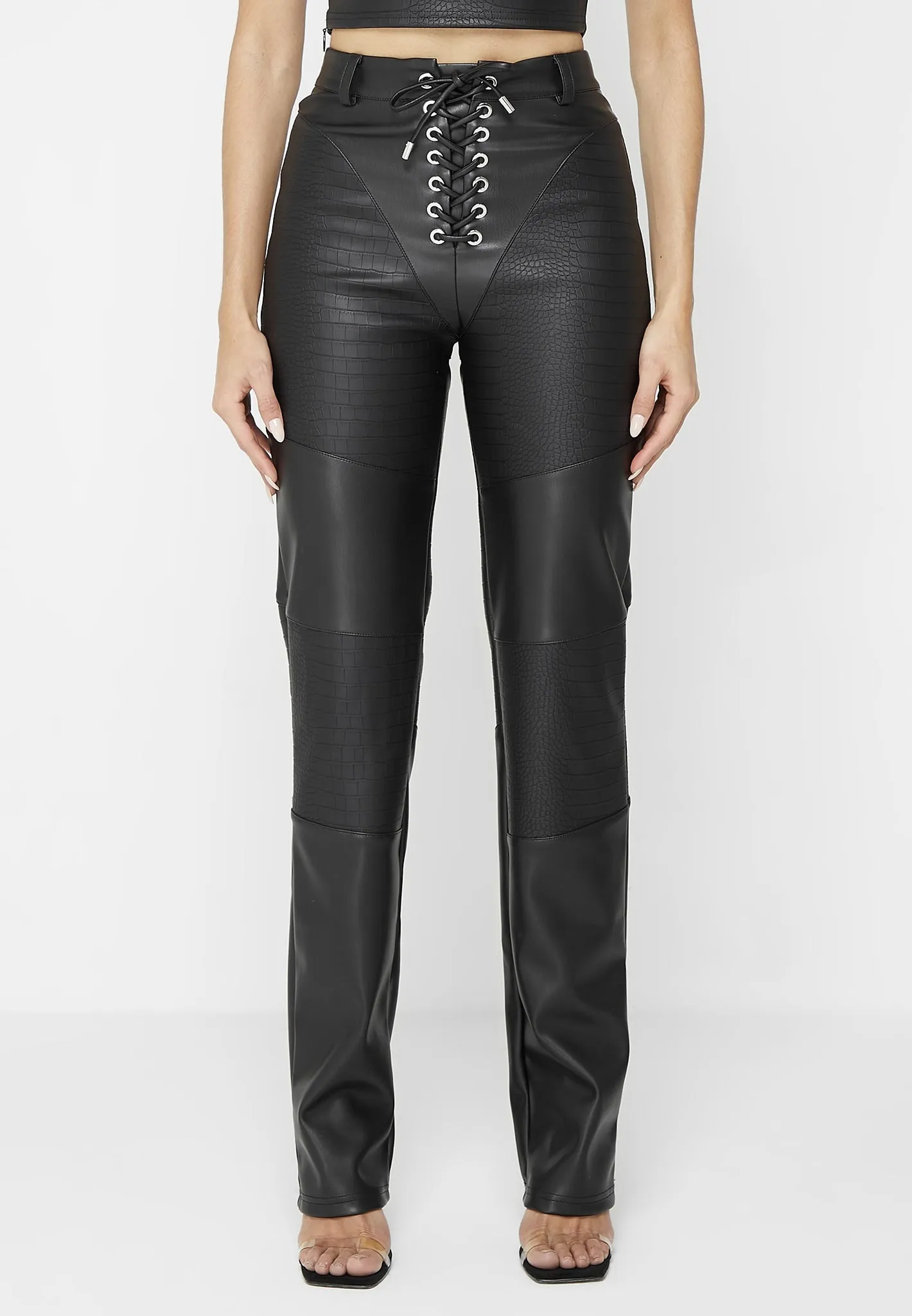 Croc Embossed Lace Up Trousers - Black