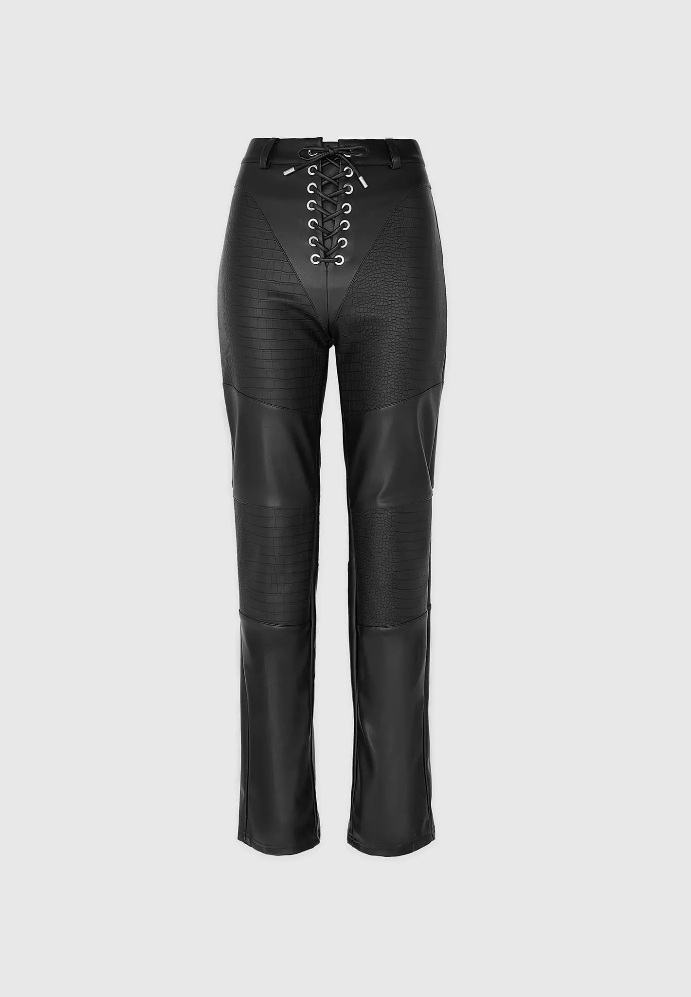 Croc Embossed Lace Up Trousers - Black