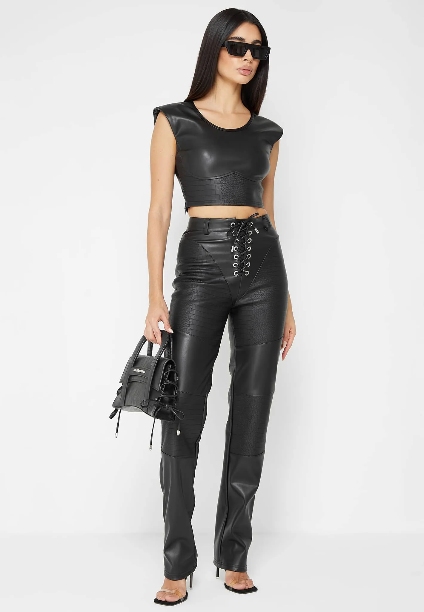 Croc Embossed Lace Up Trousers - Black