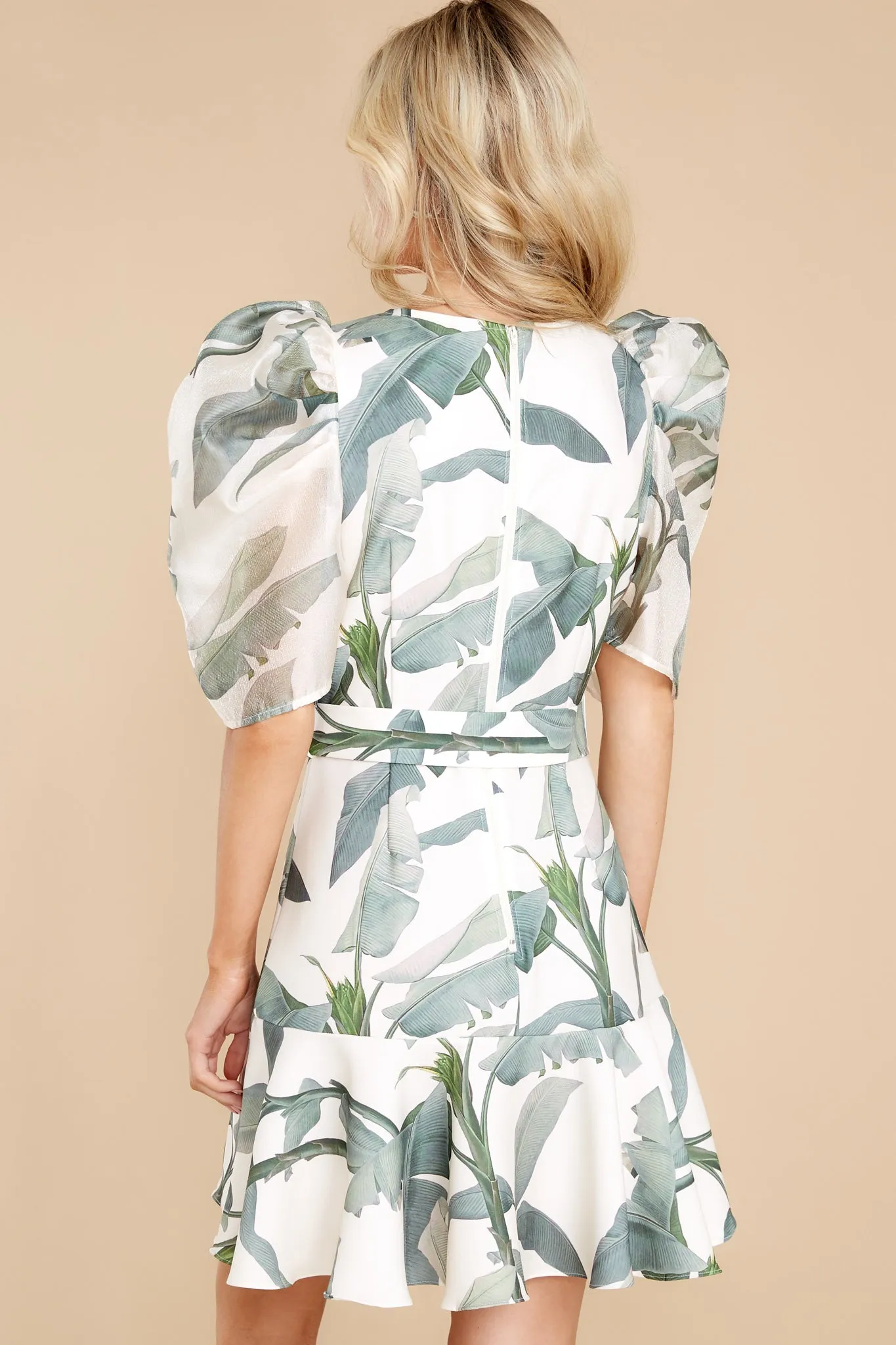 Dancing Under The Palms White And Sage Leaf Print Dress