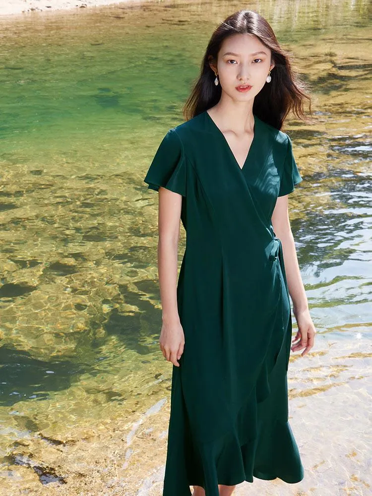 Dark Green Triacetate Wrap Dress