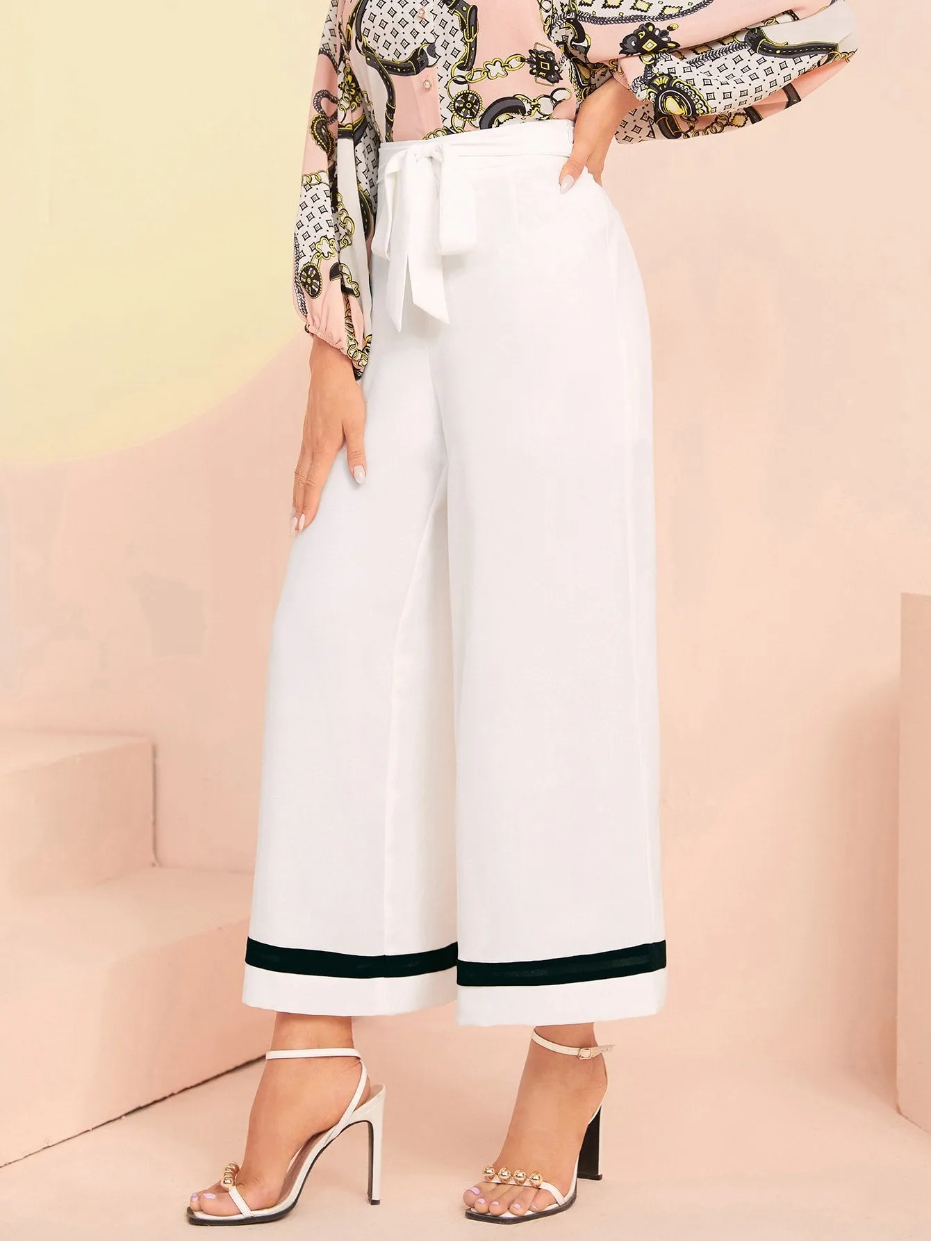 Elegant Belted High Waist Cropped Women Pants