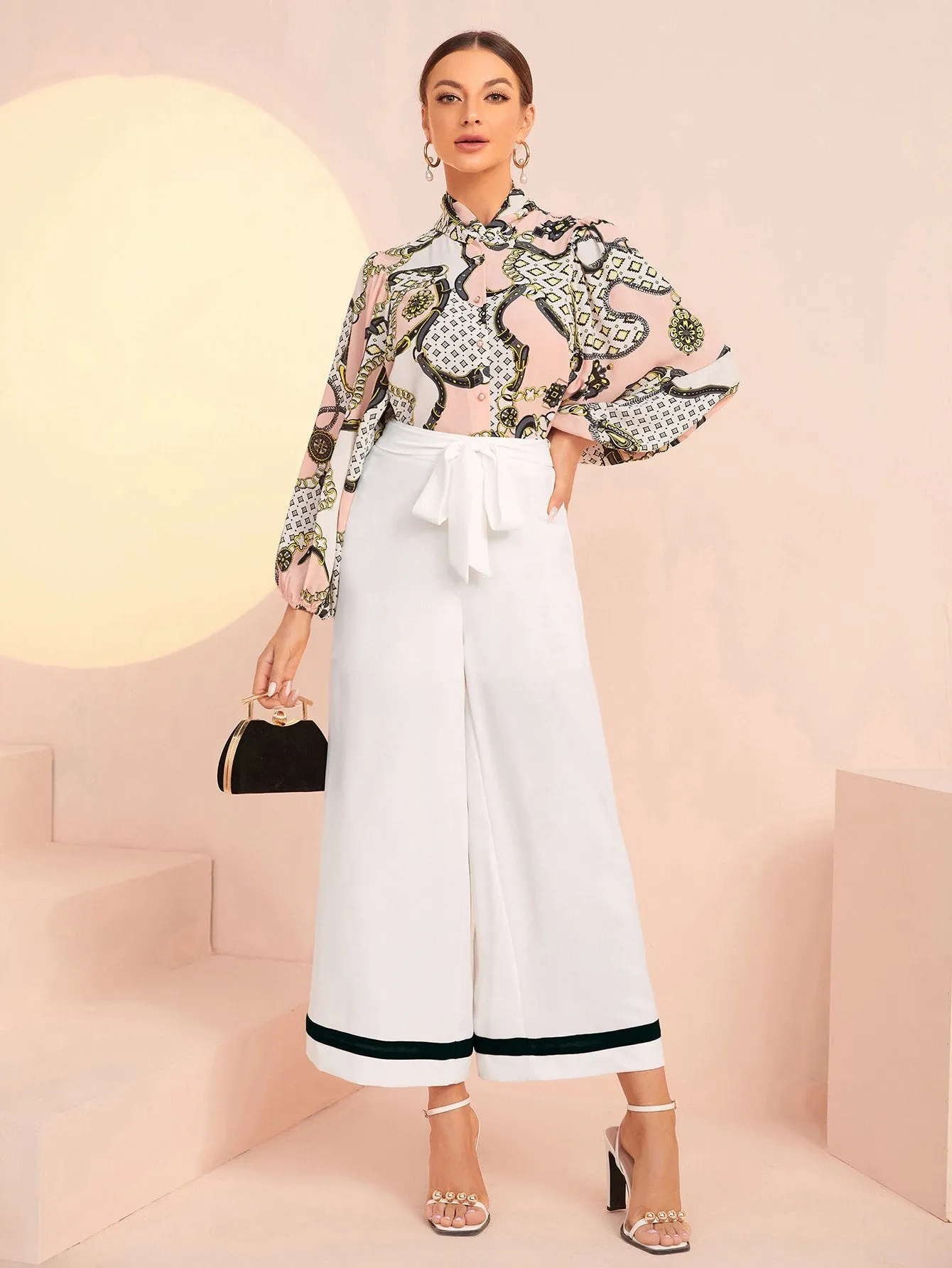 Elegant Belted High Waist Cropped Women Pants