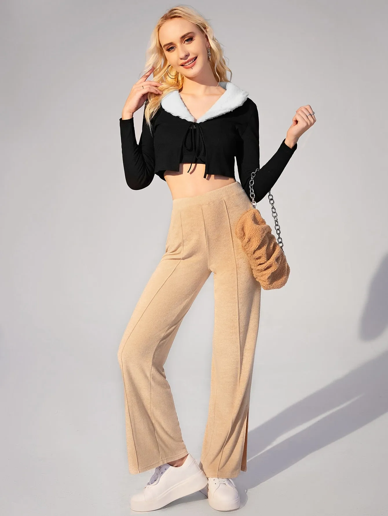 Elegant Plain Split High Waist Long Women Pants