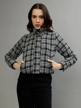 Elle Women Black Checked Stand Collar Full Sleeves Jacket