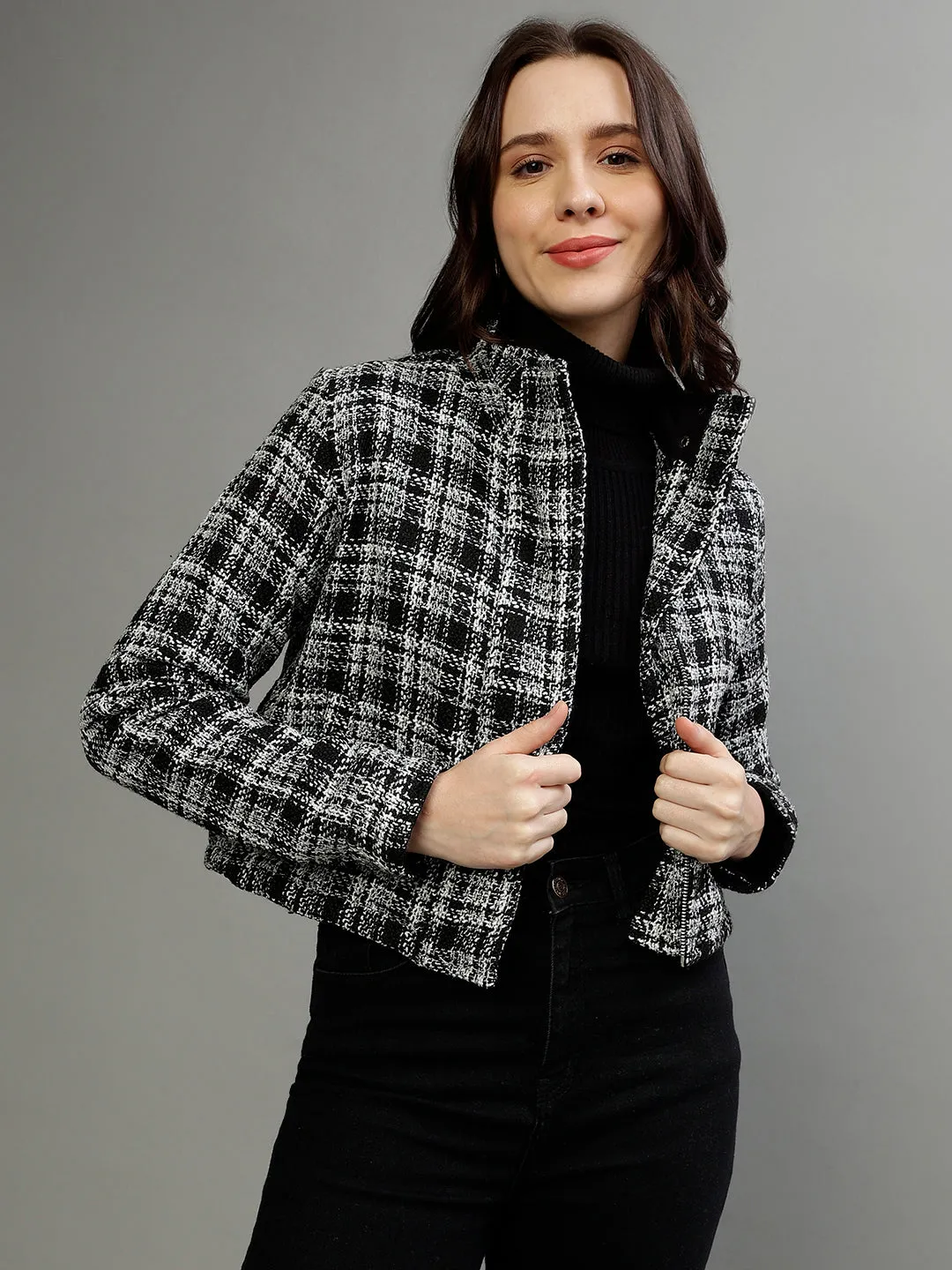 Elle Women Black Checked Stand Collar Full Sleeves Jacket