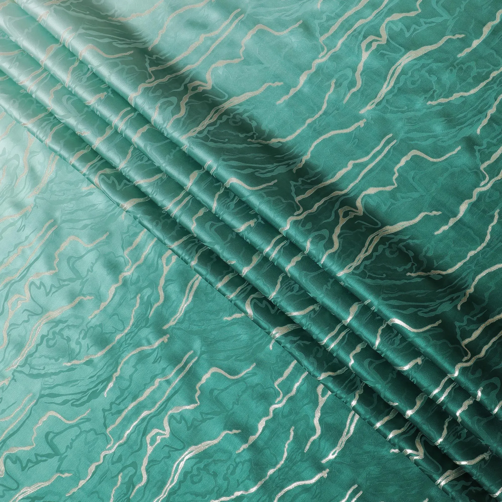 Emerald Tides Silk Satin Fabric - Luxurious South Korean Print, 140cm Wide -D18328