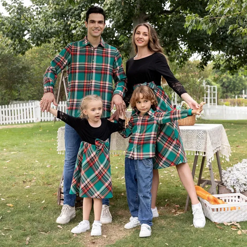 Family Matching Outfit Plaid Print Lace Long Sleeve Dress and Shirts Sets