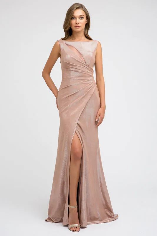 Faux wrap metallic fitted evening prom dress JT218