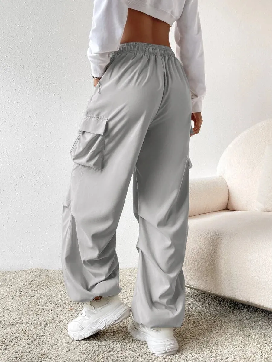 Flap Pocket Side Drawstring Waist Parachute Cargo Pants