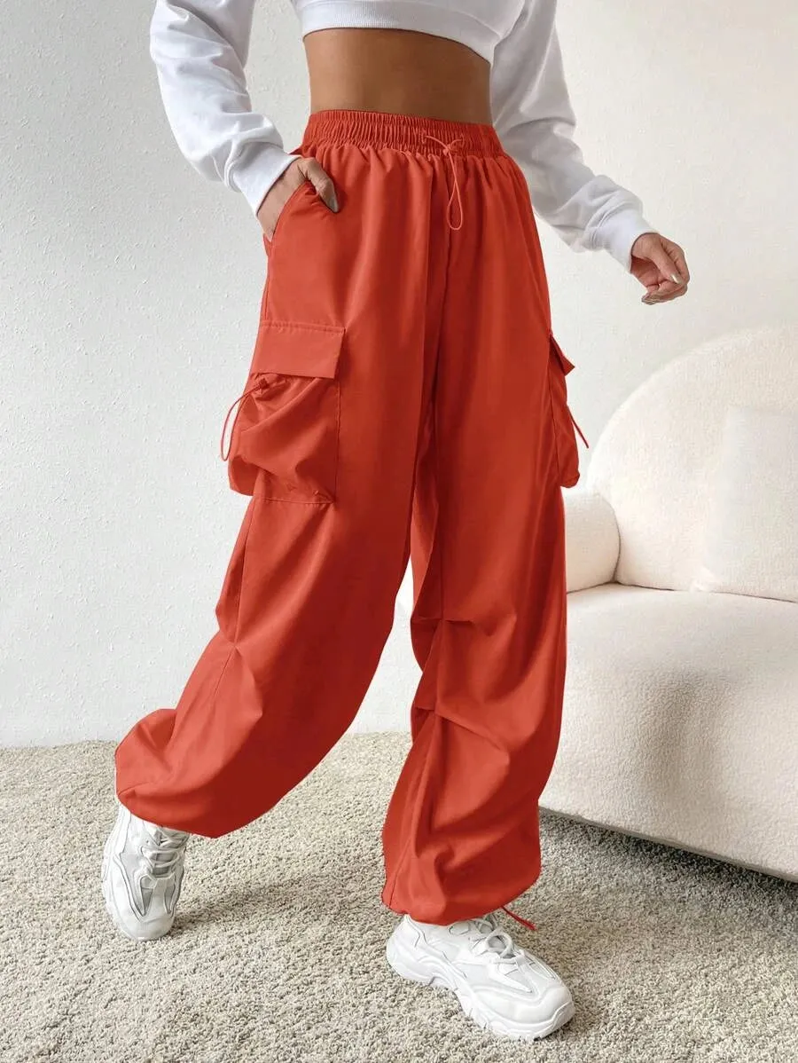 Flap Pocket Side Drawstring Waist Parachute Cargo Pants