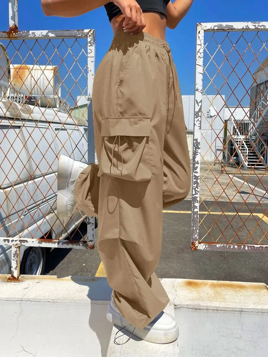 Flap Pocket Side Drawstring Waist Parachute Cargo Pants