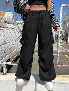 Flap Pocket Side Drawstring Waist Parachute Cargo Pants