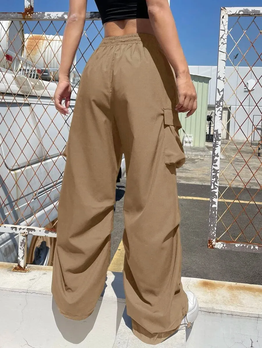 Flap Pocket Side Drawstring Waist Parachute Cargo Pants