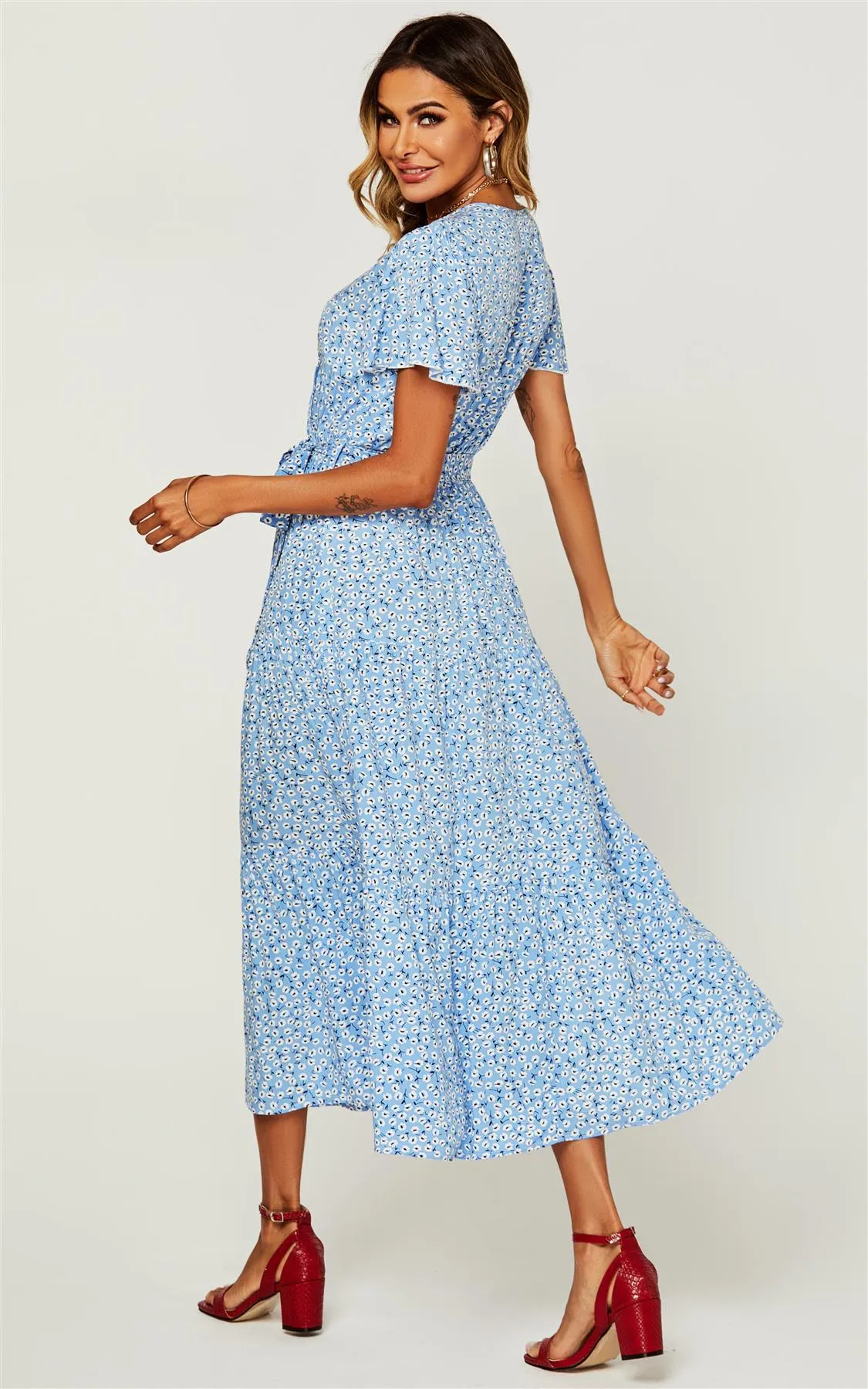 Floral Print Hem Tiered Wrap Midi Dress In Blue