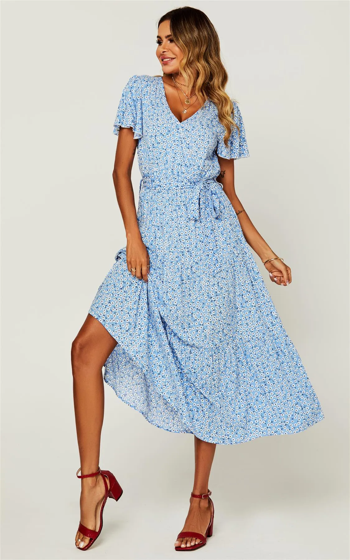 Floral Print Hem Tiered Wrap Midi Dress In Blue