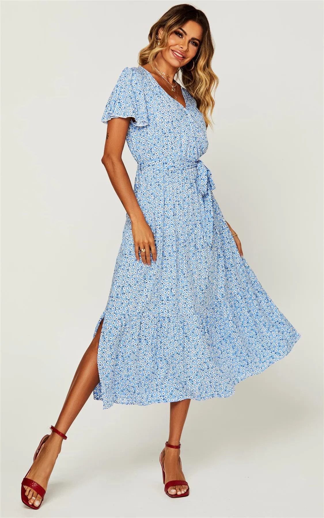 Floral Print Hem Tiered Wrap Midi Dress In Blue